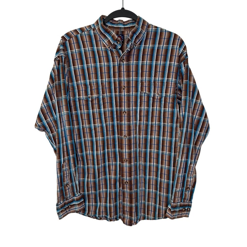 Panhandle Slim Mens Plaid Button-Down Shirt Sz M Brown/Blue Long Sleeve Western